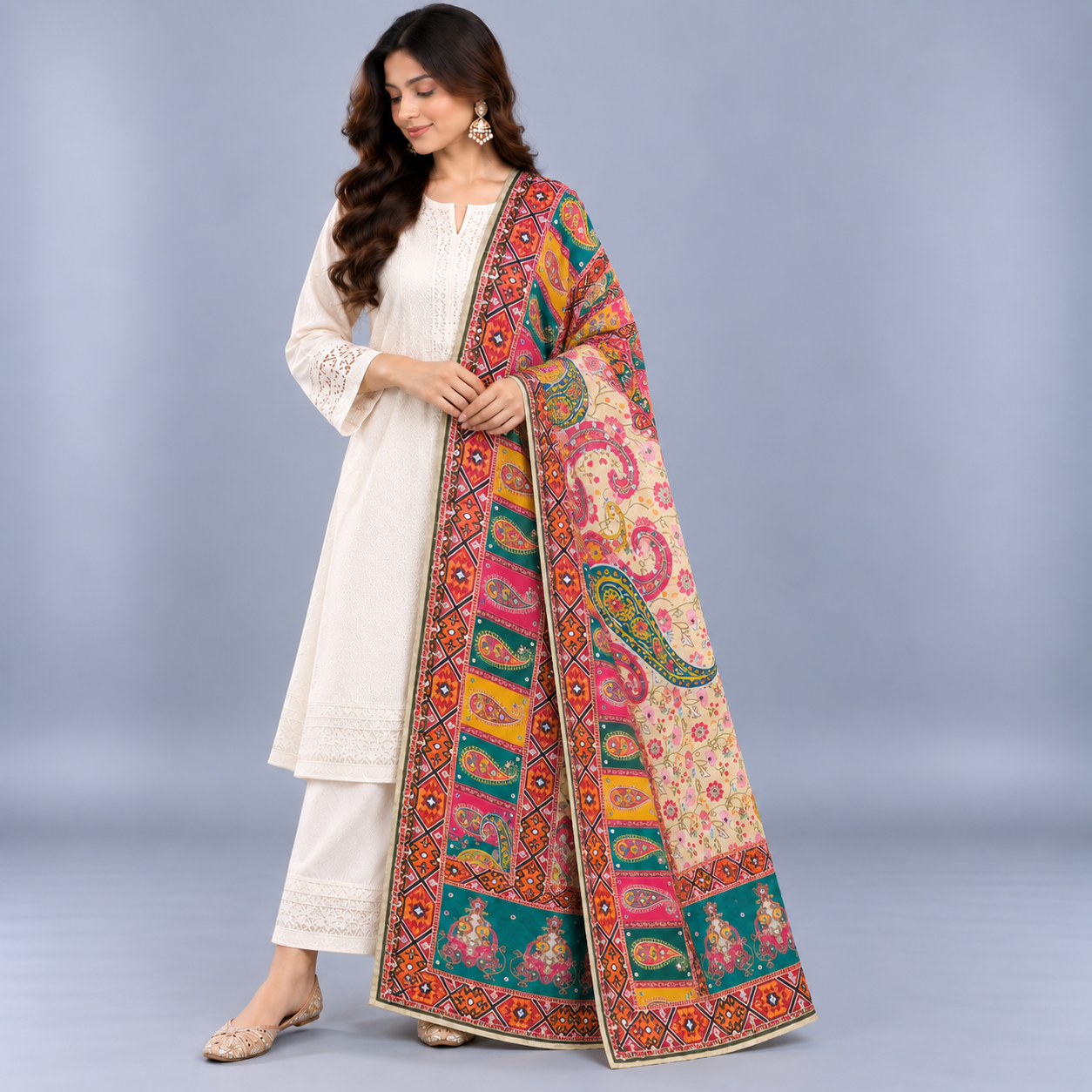 Printed Mirror Work Dupatta - Multicolour - Ivory/Cream base with Teal, Magenta, Pink - Image 3