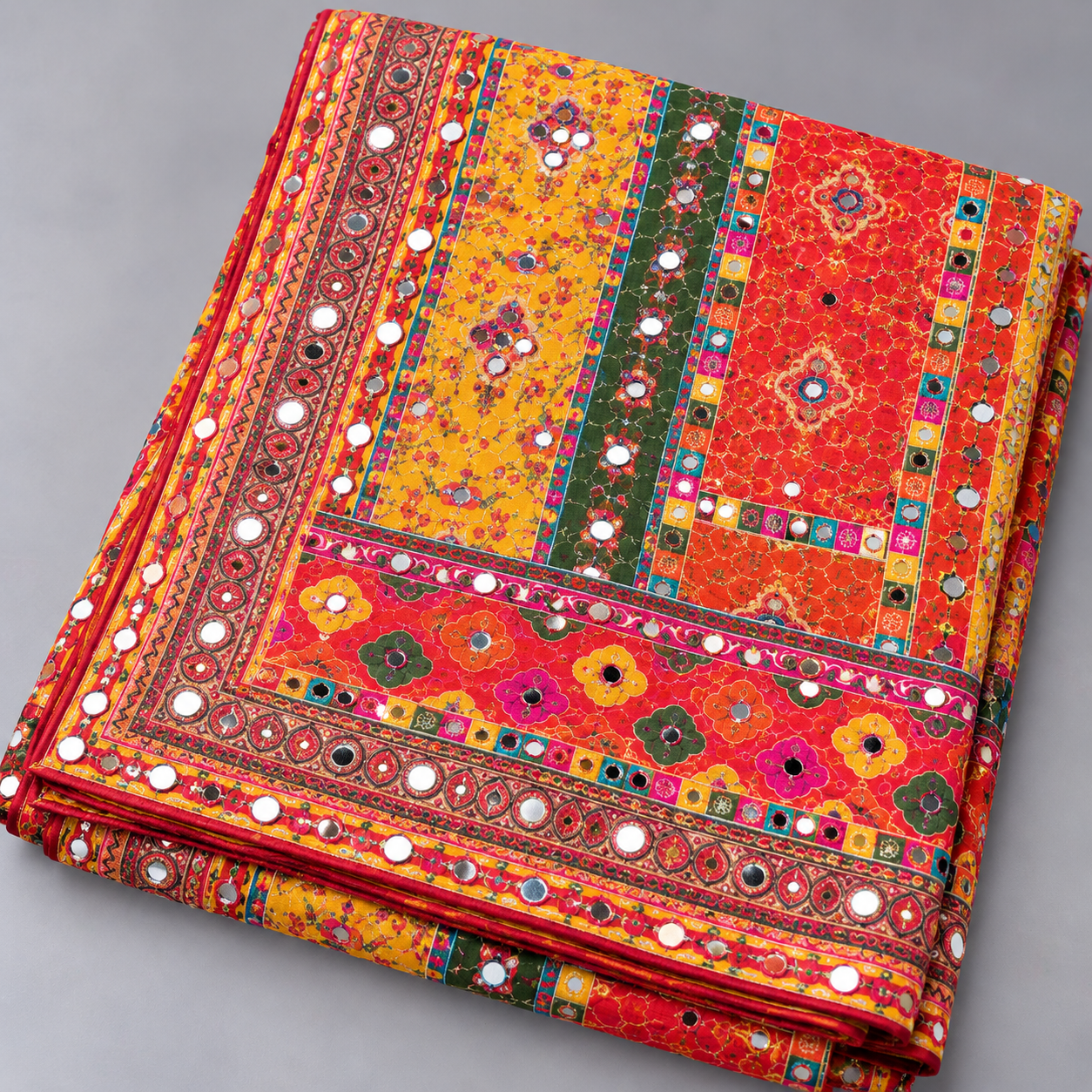 Printed Mirror Work Dupatta - Coral Red, Mustard Yellow, Teal Green & Pink - Image 4