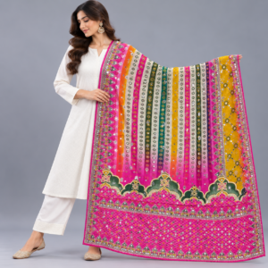 Printed Mirror Work Dupatta - Hot Pink, Orange, Mustard Yellow, Ivory & Deep Green