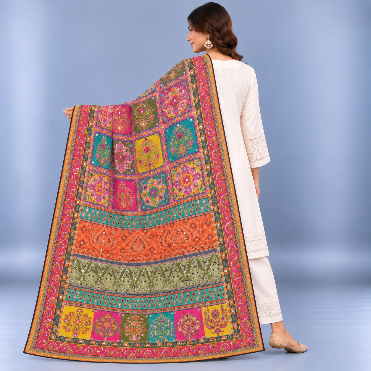 Printed Mirror Work Dupatta - Multicolour Pink, Teal, Mustard Yellow, Coral, Green - Image 2