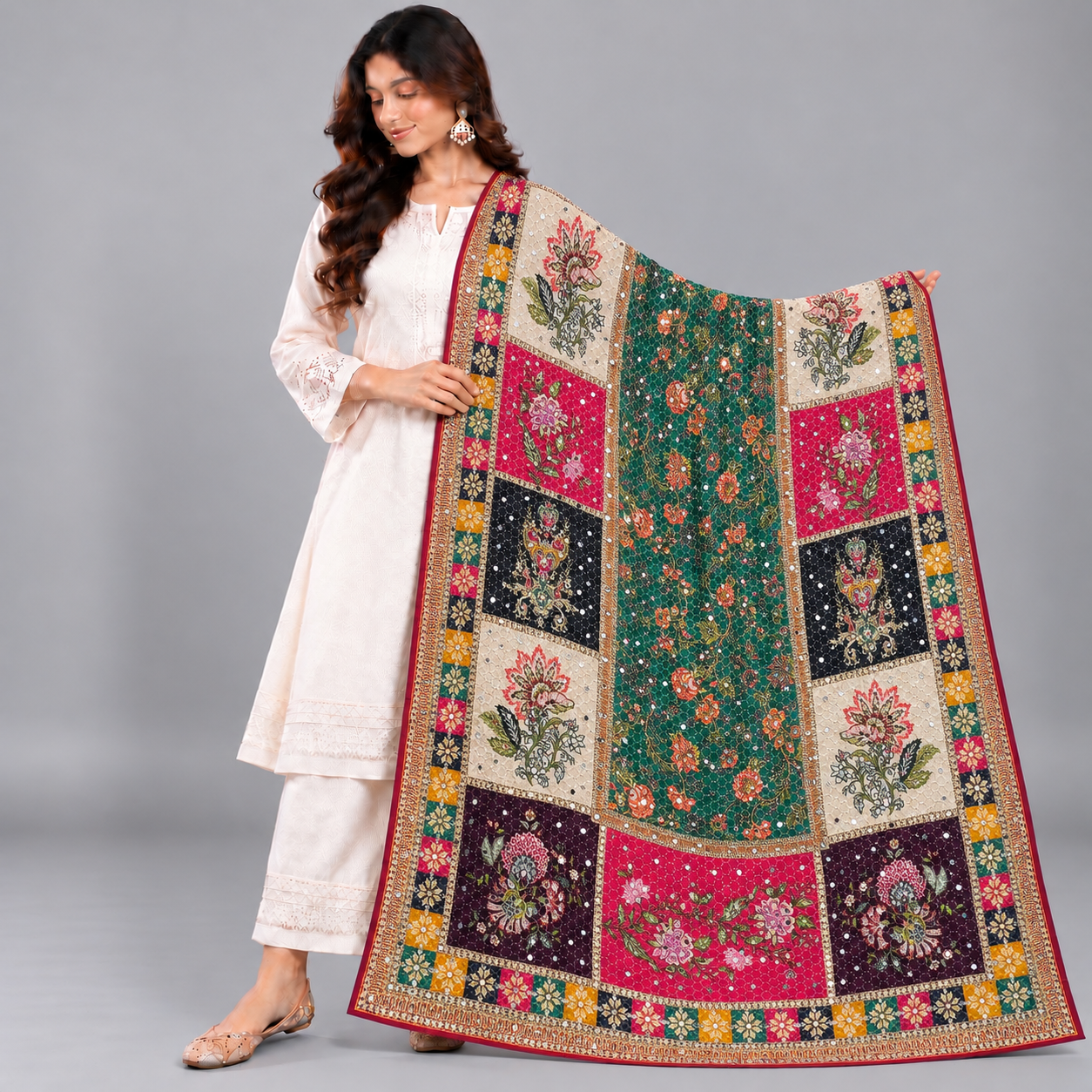 Printed Mirror Work Dupatta - Multicolour - Emerald Green, Fuchsia Pink, Cream, Black
