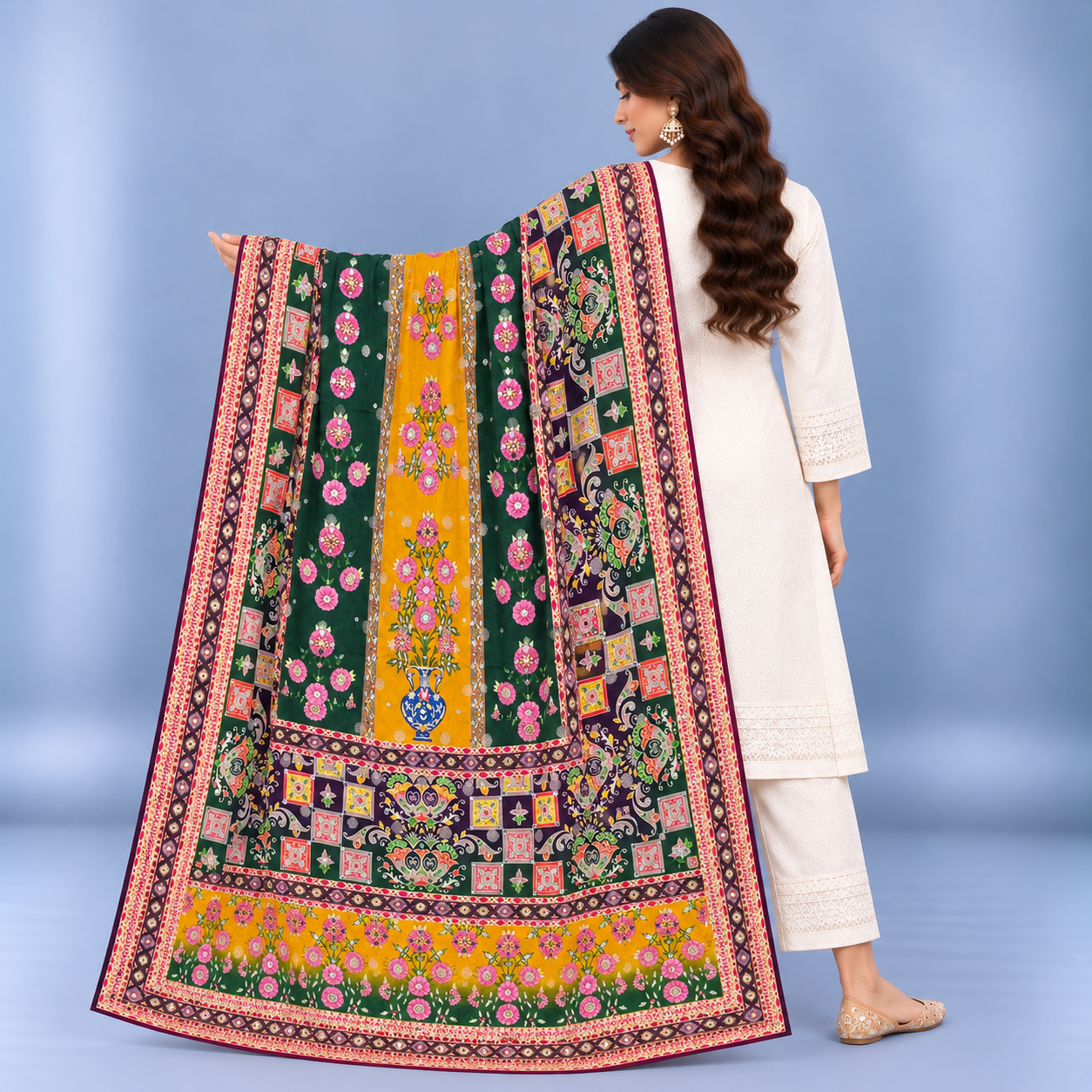 Printed Mirror Work Dupatta - Multicolour – Deep Green, Mustard Yellow, Pink, Purple & Burgundy - Image 2