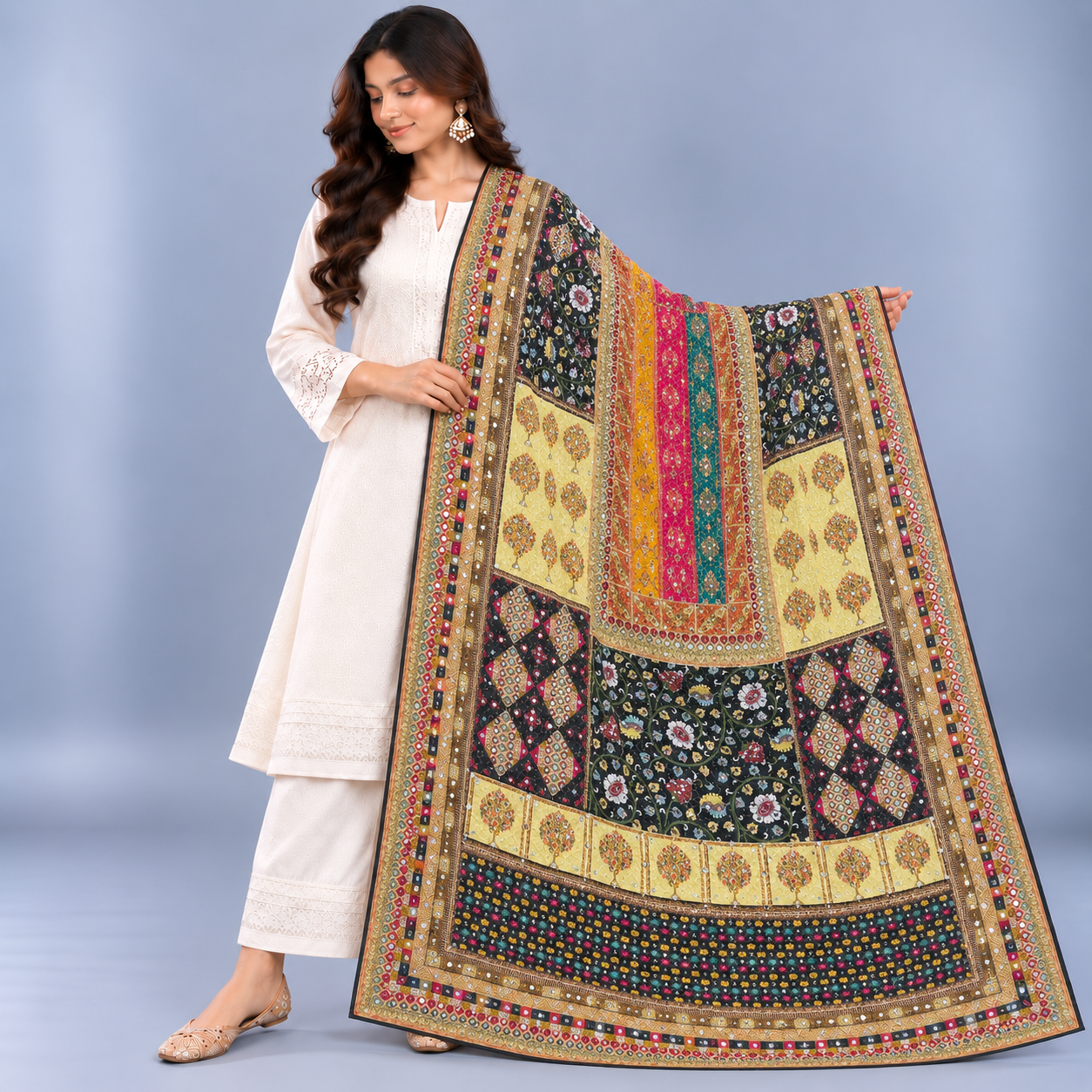 Printed Mirror Work Dupatta - Multicolour