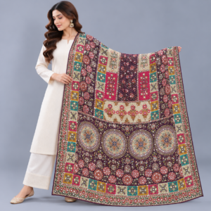 Printed Mirror Work Dupatta - Multicolour - Deep Plum, Maroon, Mustard Yellow, Teal Green, Fuchsia Pink,