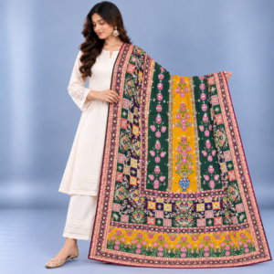 Printed Mirror Work Dupatta - Multicolour – Deep Green, Mustard Yellow, Pink, Purple & Burgundy