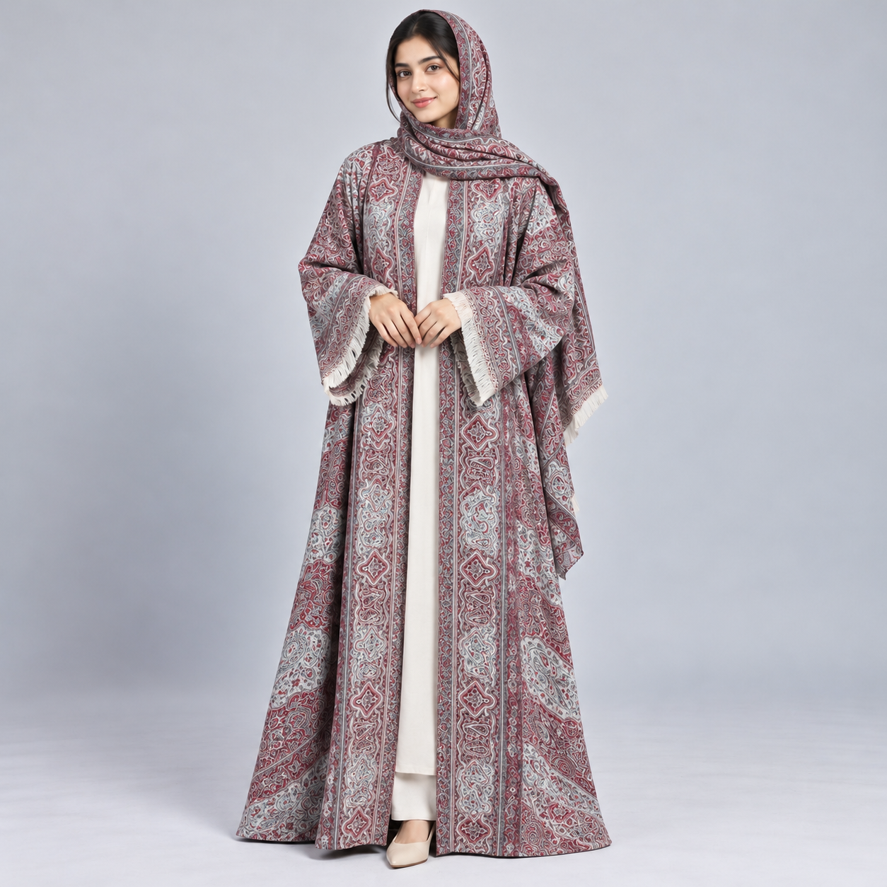 Pashmina Abaya Set with Matching Shawl - Red