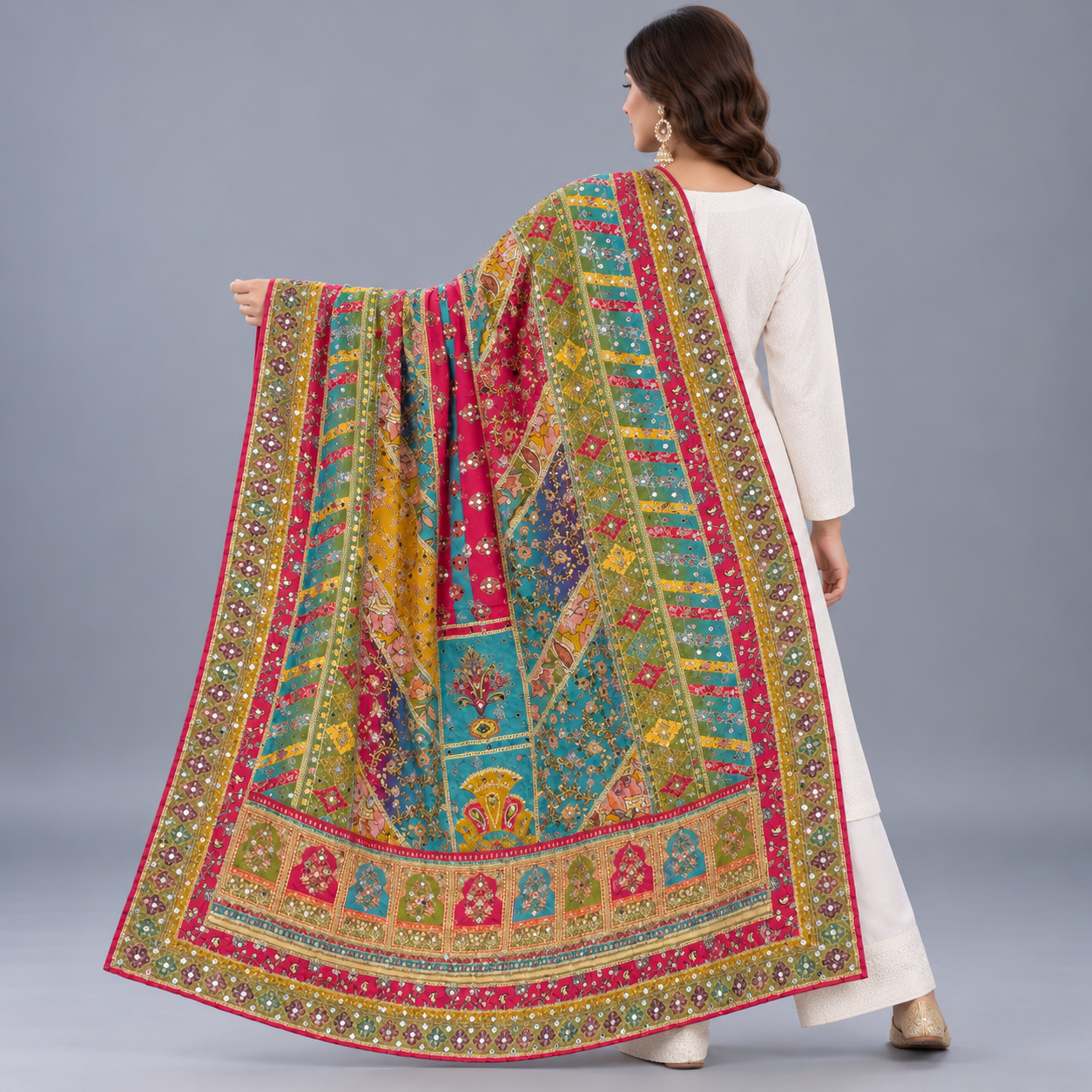 Printed Mirror Work Dupatta - Multicolour Teal Blue, Fuchsia Pink, Mustard Yellow, Olive Green, - Image 2