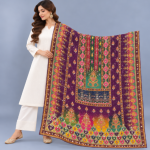 Printed Mirror Work Dupatta - Wine Multicolour