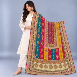 Printed Mirror Work Dupatta - Multicolour - Magenta, Teal, Mustard Yellow, Red & Cream
