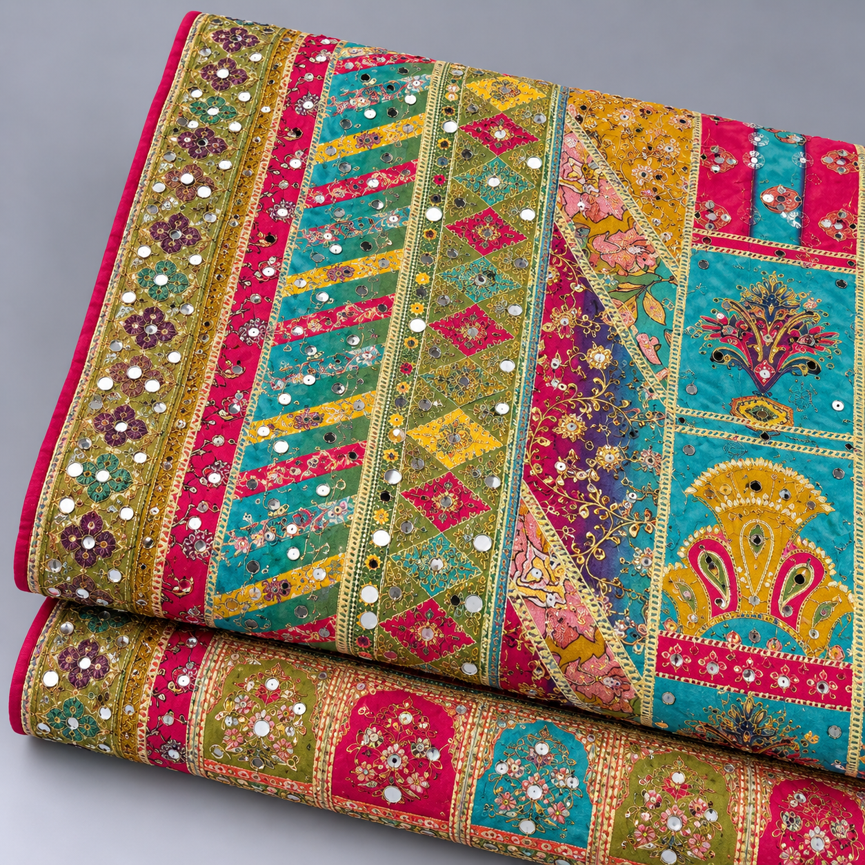 Printed Mirror Work Dupatta - Multicolour Teal Blue, Fuchsia Pink, Mustard Yellow, Olive Green, - Image 4