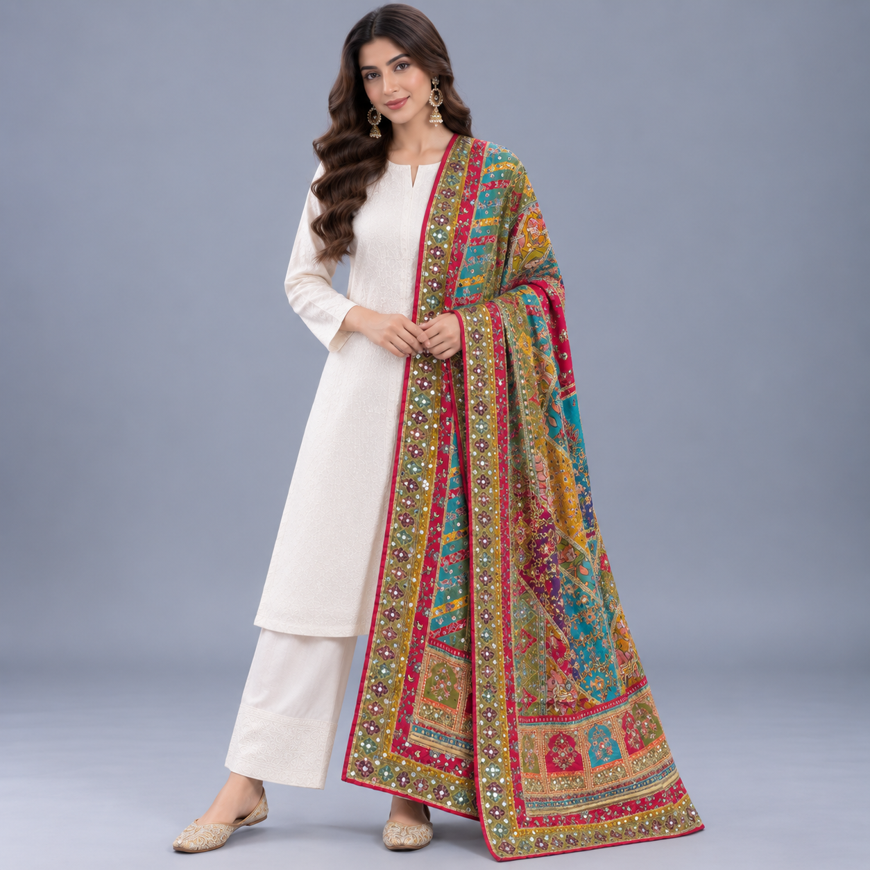 Printed Mirror Work Dupatta - Multicolour Teal Blue, Fuchsia Pink, Mustard Yellow, Olive Green, - Image 3