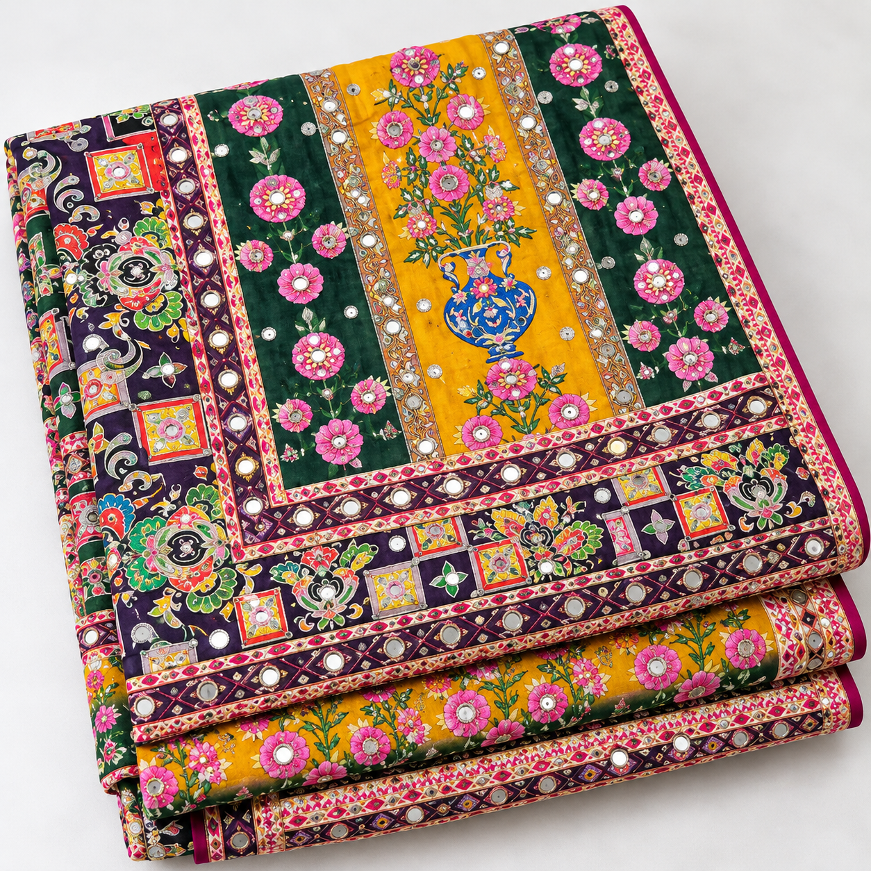 Printed Mirror Work Dupatta - Multicolour – Deep Green, Mustard Yellow, Pink, Purple & Burgundy - Image 4