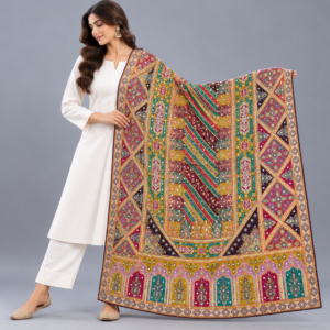 Printed Mirror Work Dupatta - Teal Green, Magenta, Maroon, Mustard Yellow, Purple & Gold
