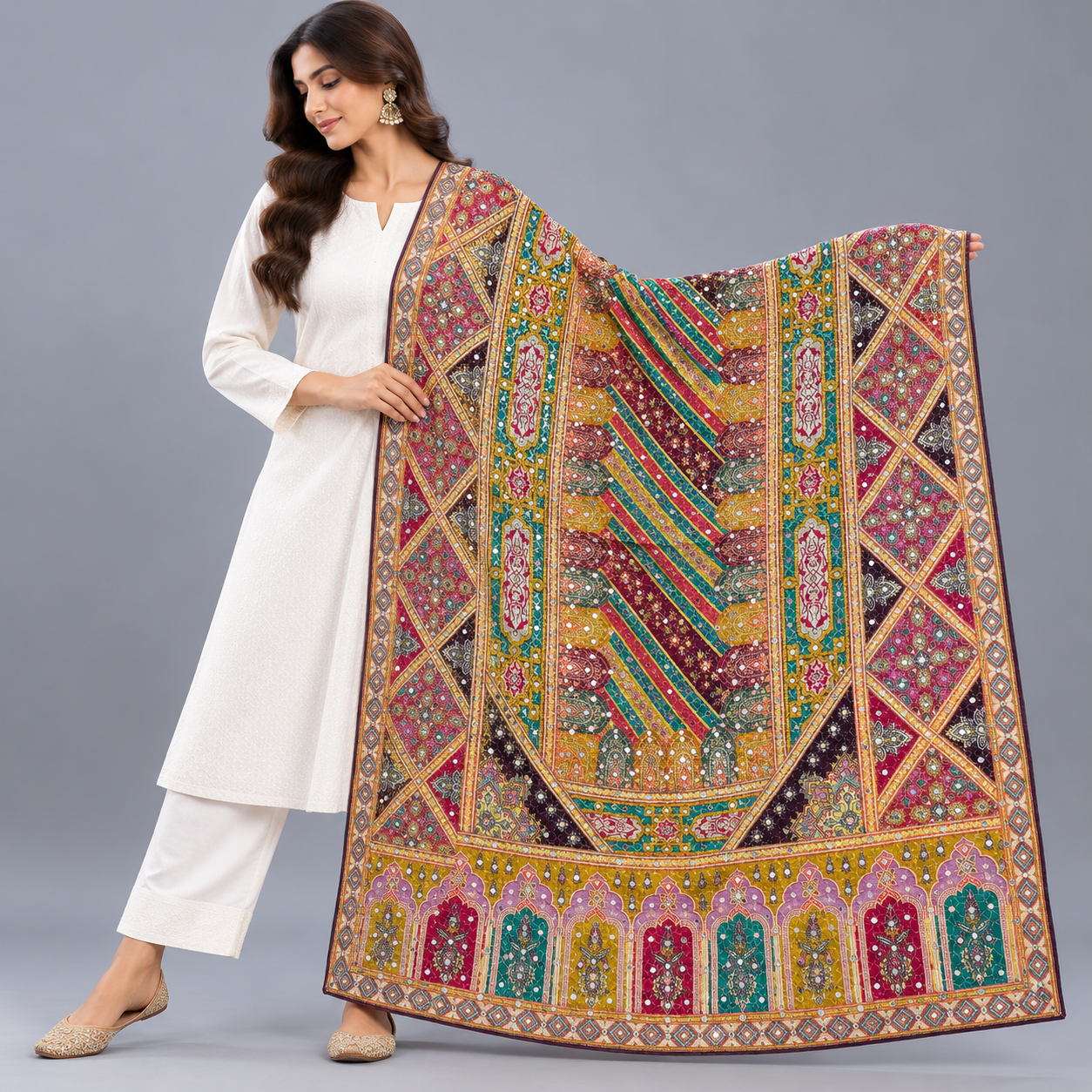 Printed Mirror Work Dupatta - Teal Green, Magenta, Maroon, Mustard Yellow, Purple & Gold