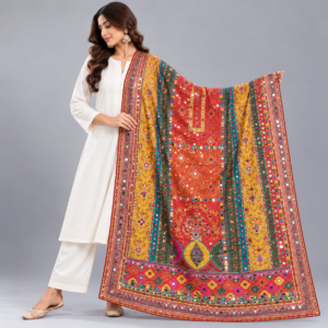 Printed Mirror Work Dupatta - Coral Red, Mustard Yellow, Teal Green & Pink