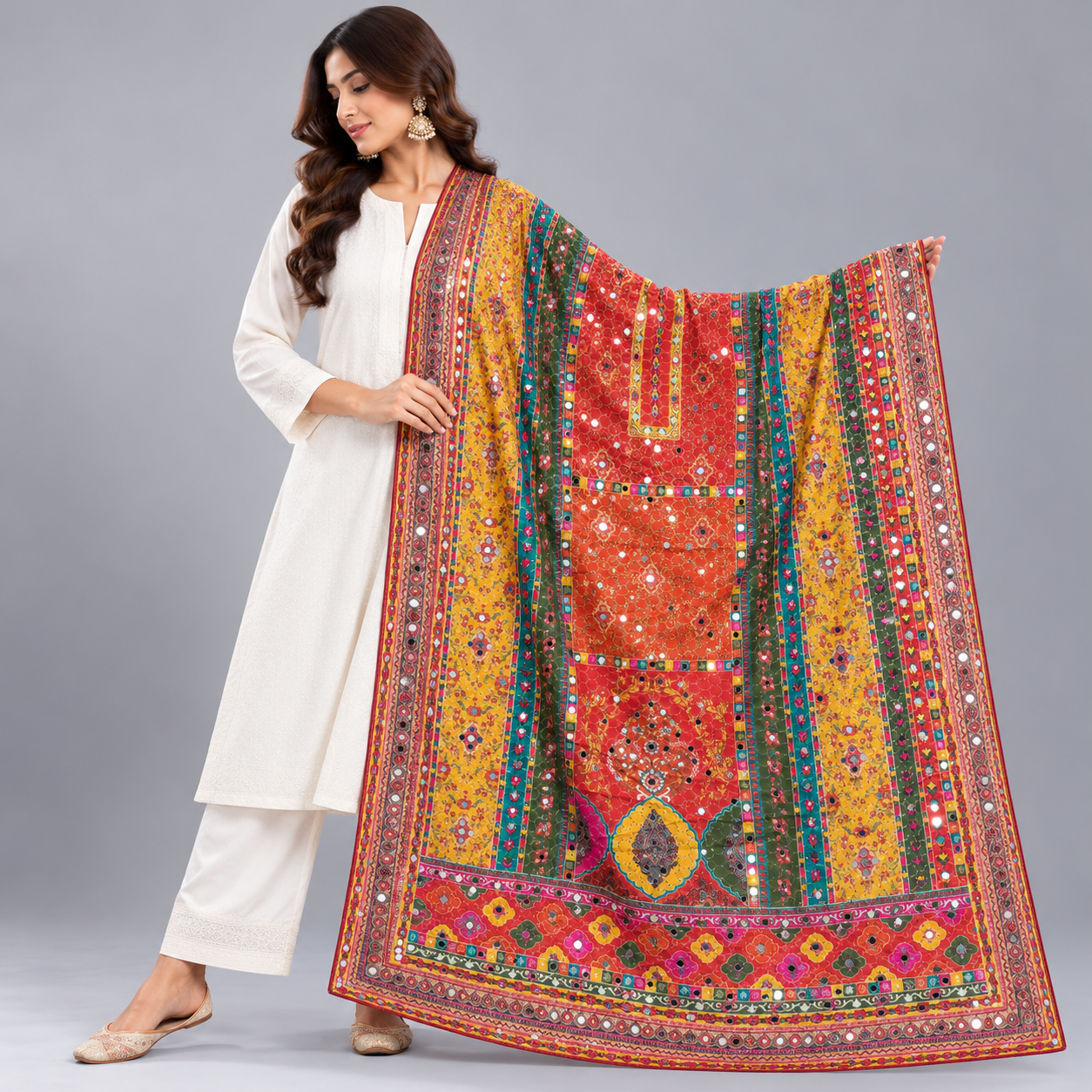 Printed Mirror Work Dupatta - Coral Red, Mustard Yellow, Teal Green & Pink