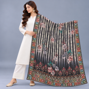 Printed Mirror Work Dupatta - Charcoal Black & Ivory with multicolour floral accents