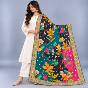 Printed Mirror Work Dupatta - Multicolour - Predominantly Navy Blue & Teal