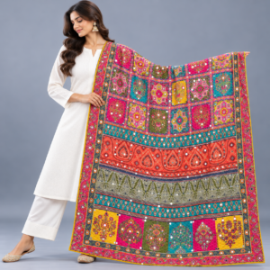 Printed Mirror Work Dupatta - Multicolour with gold and silver mirror accents.