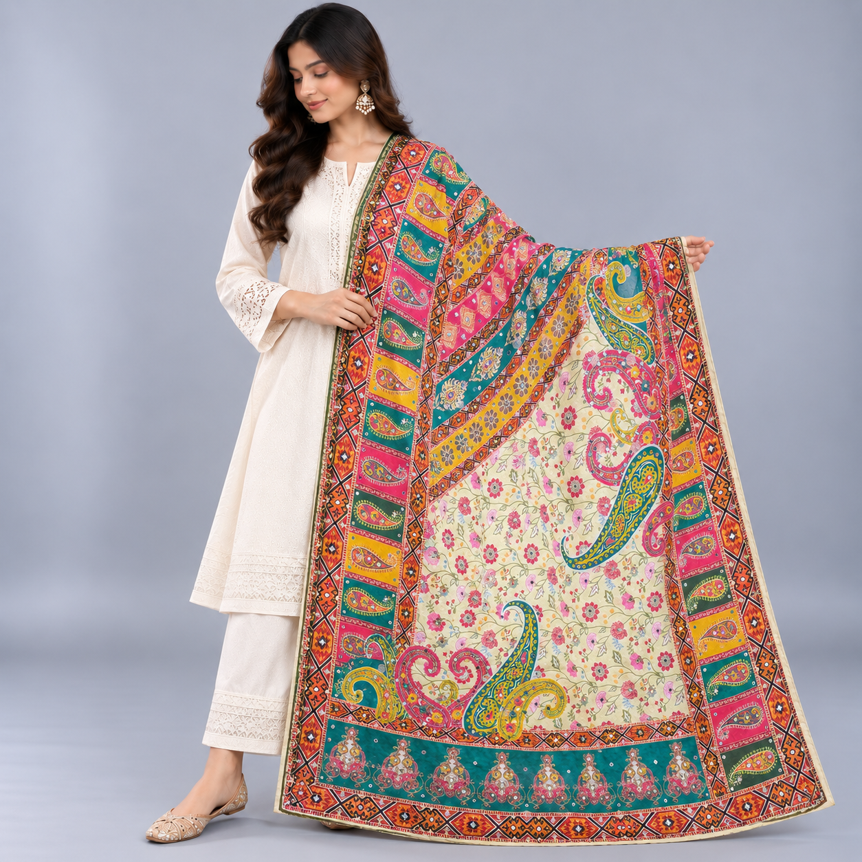 Printed Mirror Work Dupatta - Multicolour - Ivory/Cream base with Teal, Magenta, Pink