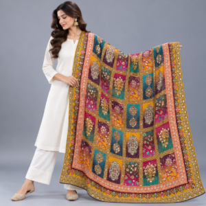 Printed Mirror Work Dupatta - Multicolour with Gold detailing and mirror accents.