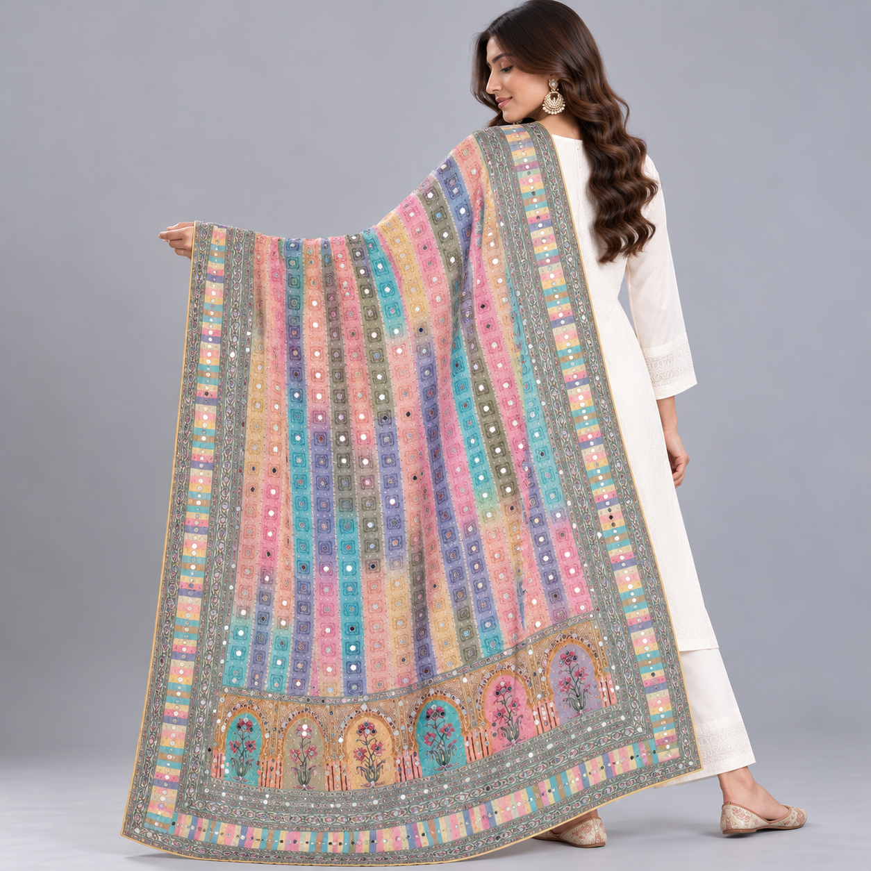 Printed Mirror Work Dupatta - Pastel Multicolour - Image 2