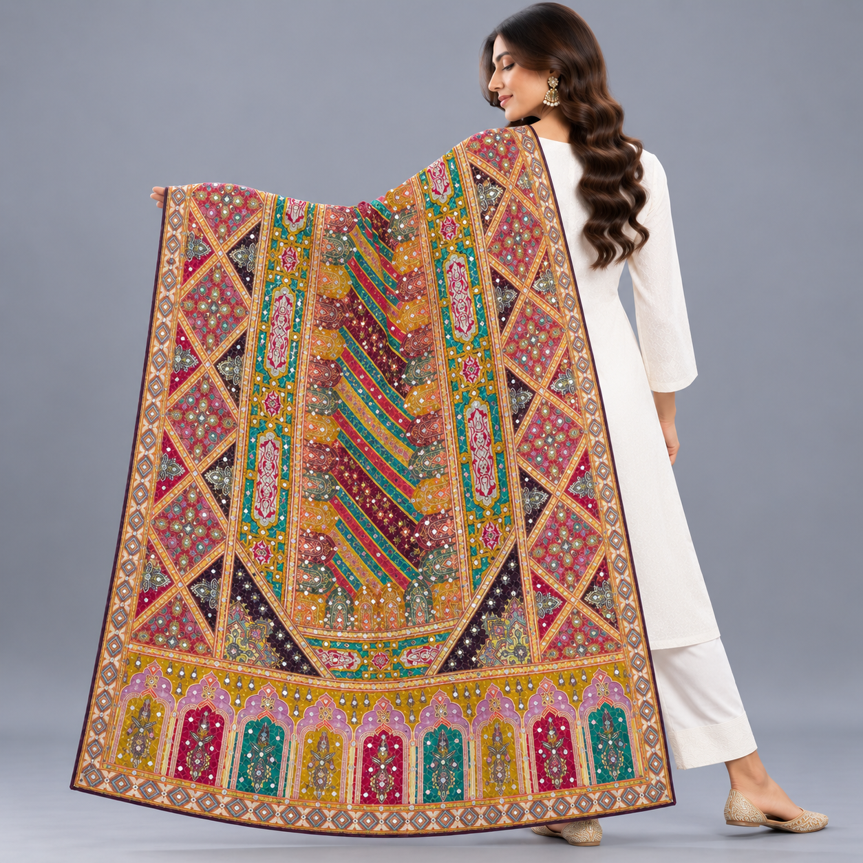 Printed Mirror Work Dupatta - Teal Green, Magenta, Maroon, Mustard Yellow, Purple & Gold - Image 2