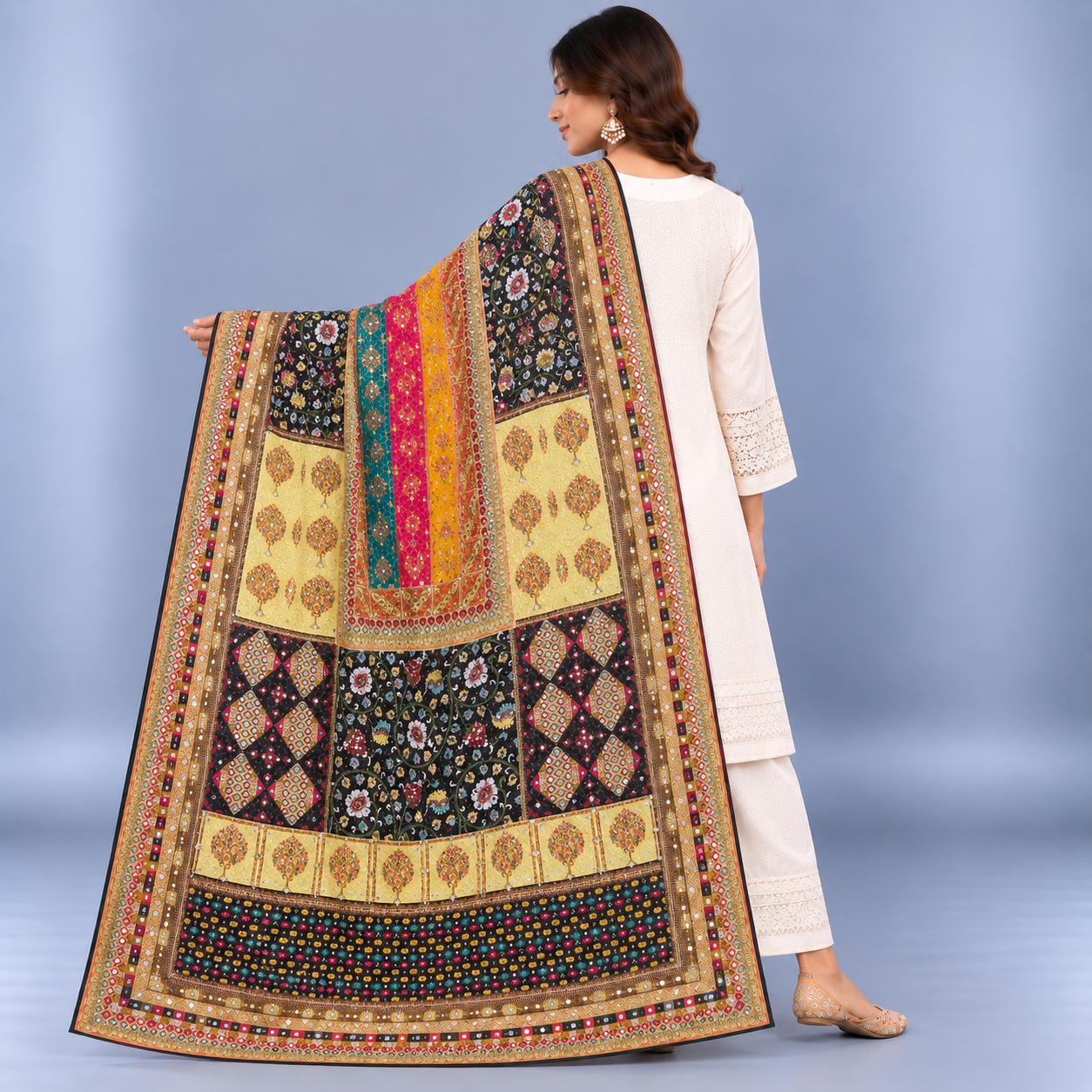 Printed Mirror Work Dupatta - Multicolour - Image 2