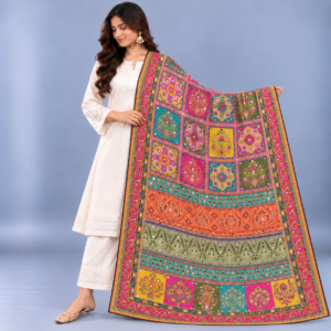 Printed Mirror Work Dupatta - Multicolour Pink, Teal, Mustard Yellow, Coral, Green