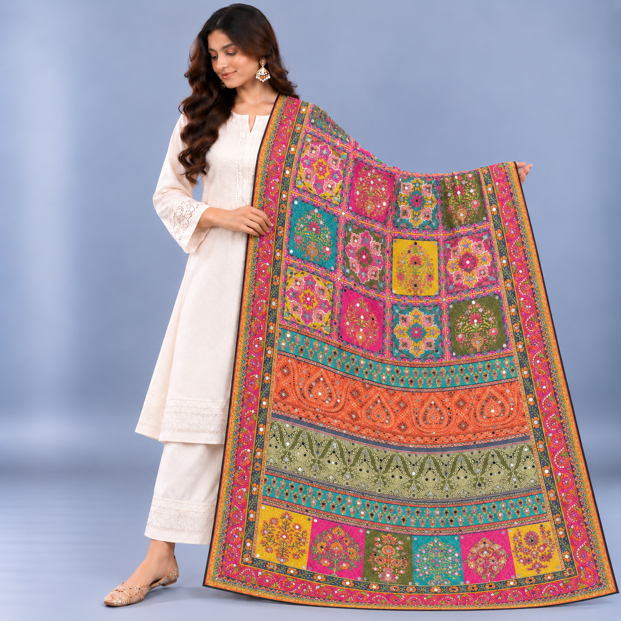 Printed Mirror Work Dupatta - Multicolour Pink, Teal, Mustard Yellow, Coral, Green