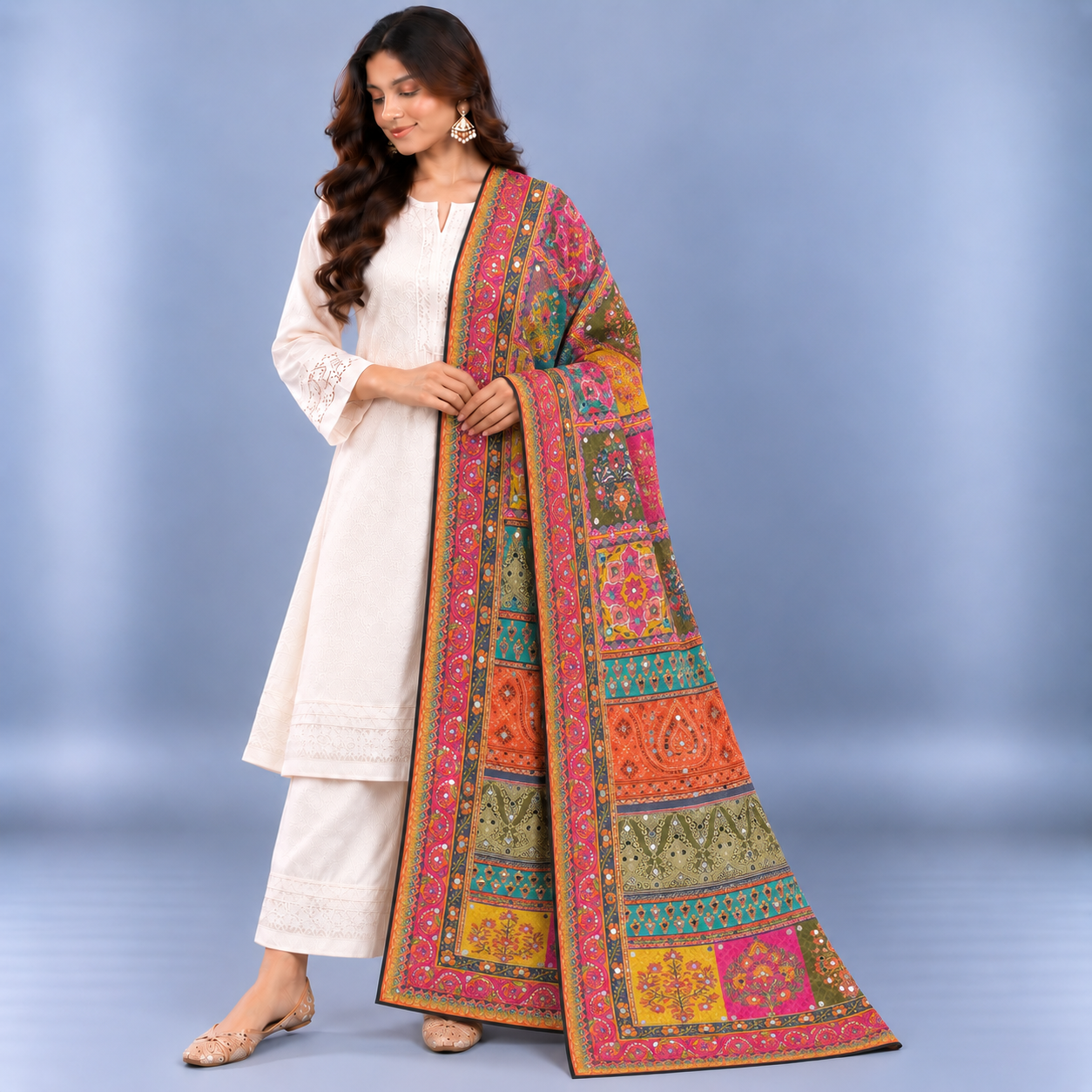 Printed Mirror Work Dupatta - Multicolour Pink, Teal, Mustard Yellow, Coral, Green - Image 3