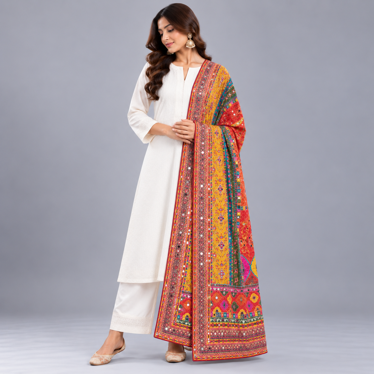 Printed Mirror Work Dupatta - Coral Red, Mustard Yellow, Teal Green & Pink - Image 3