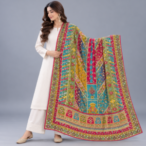 Printed Mirror Work Dupatta - Multicolour Teal Blue, Fuchsia Pink, Mustard Yellow, Olive Green,