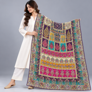 Printed Mirror Work Dupatta - Teal Multicolour