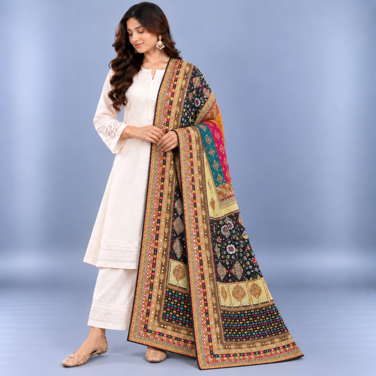 Printed Mirror Work Dupatta - Multicolour - Image 3