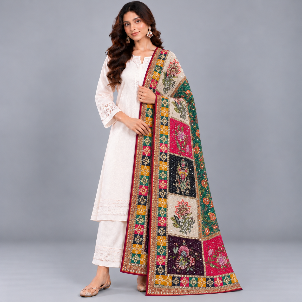 Printed Mirror Work Dupatta - Multicolour - Emerald Green, Fuchsia Pink, Cream, Black - Image 3
