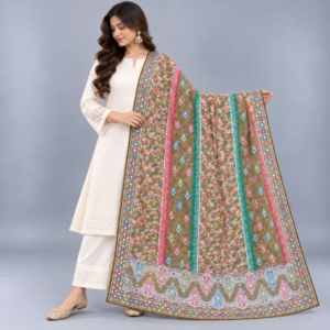 Printed Mirror Work Dupatta - Olive/Mustard Green base