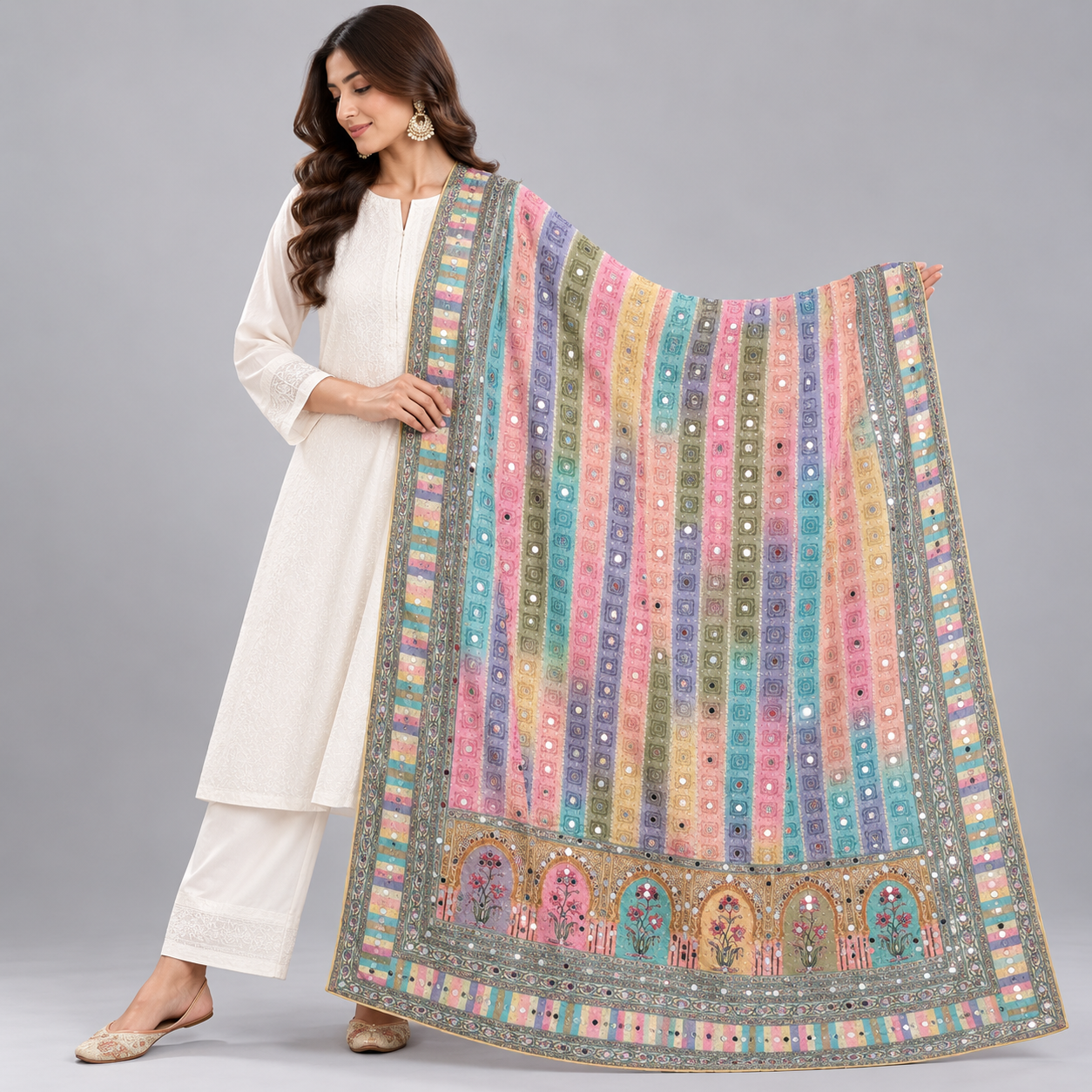 Printed Mirror Work Dupatta - Pastel Multicolour