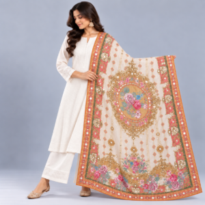 Printed Mirror Work Dupatta - Floral Orange