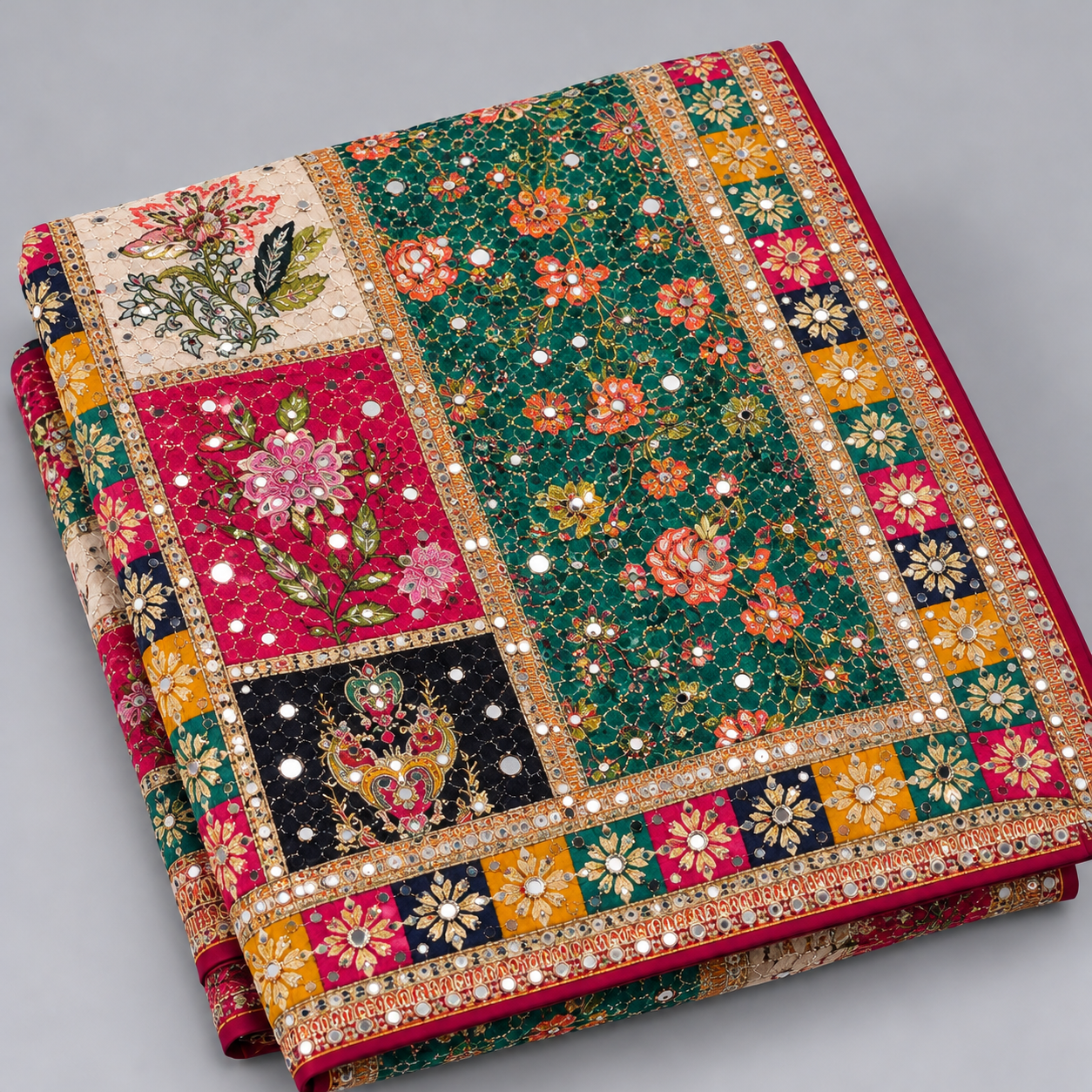 Printed Mirror Work Dupatta - Multicolour - Emerald Green, Fuchsia Pink, Cream, Black - Image 4