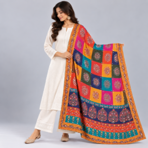 Printed Mirror Work Dupatta - Multicolour Floral Print