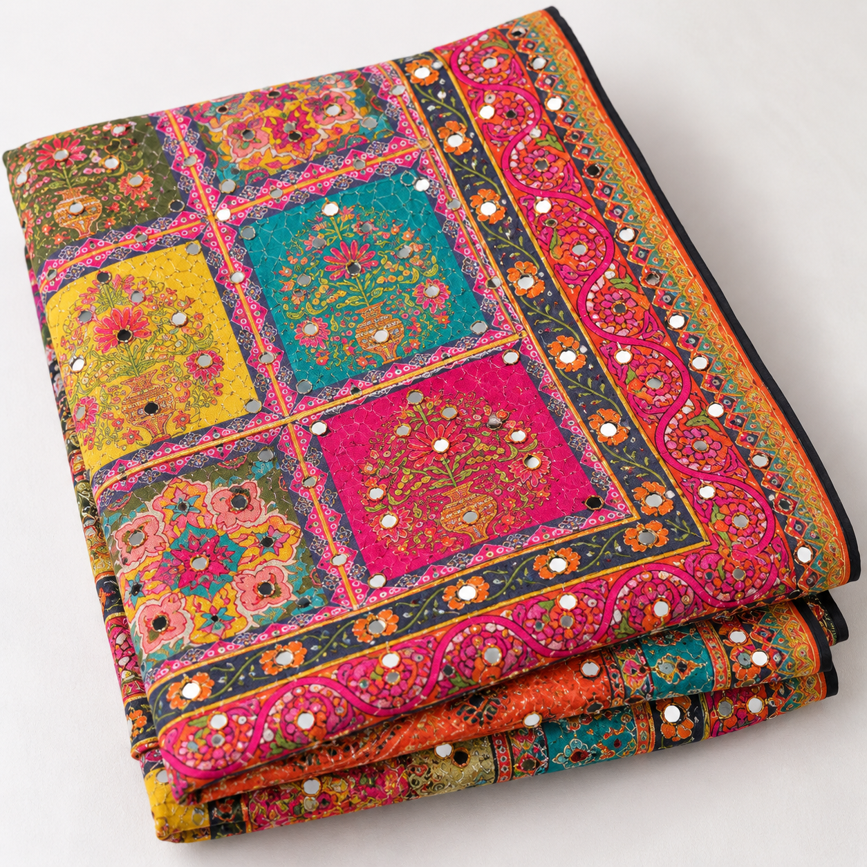 Printed Mirror Work Dupatta - Multicolour Pink, Teal, Mustard Yellow, Coral, Green - Image 4