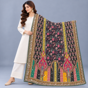 Printed Mirror Work Dupatta - Charcoal Black with Gold, Mustard Yellow, Emerald Green