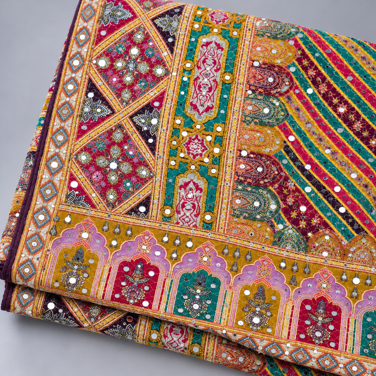 Printed Mirror Work Dupatta - Teal Green, Magenta, Maroon, Mustard Yellow, Purple & Gold - Image 4