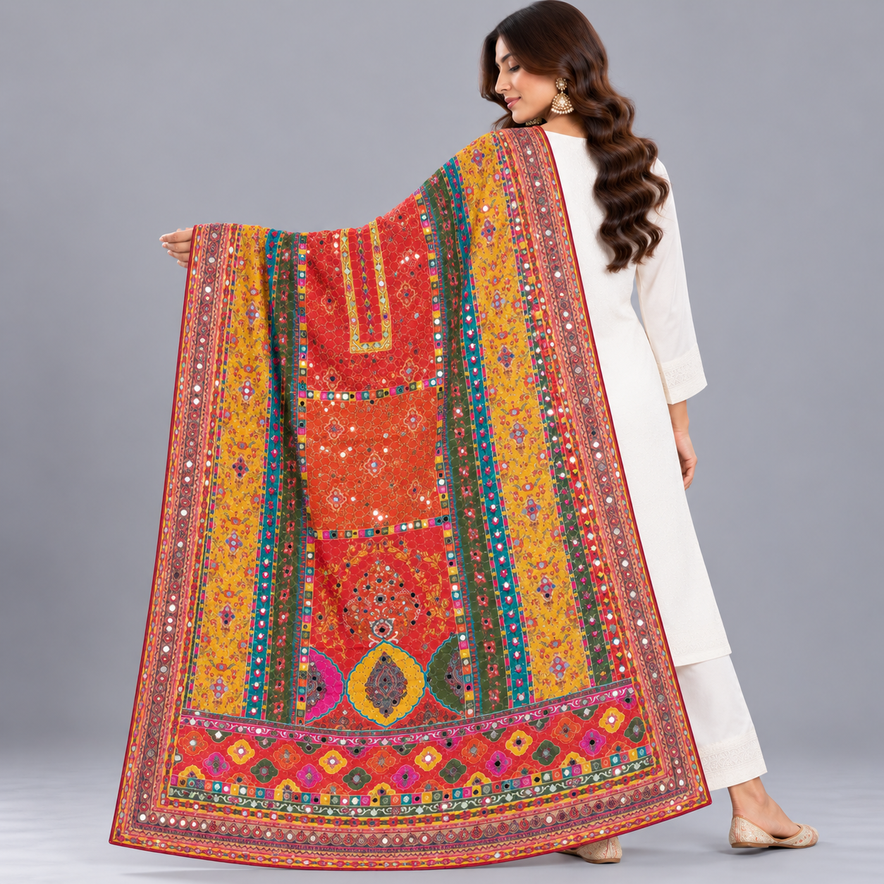 Printed Mirror Work Dupatta - Coral Red, Mustard Yellow, Teal Green & Pink - Image 2