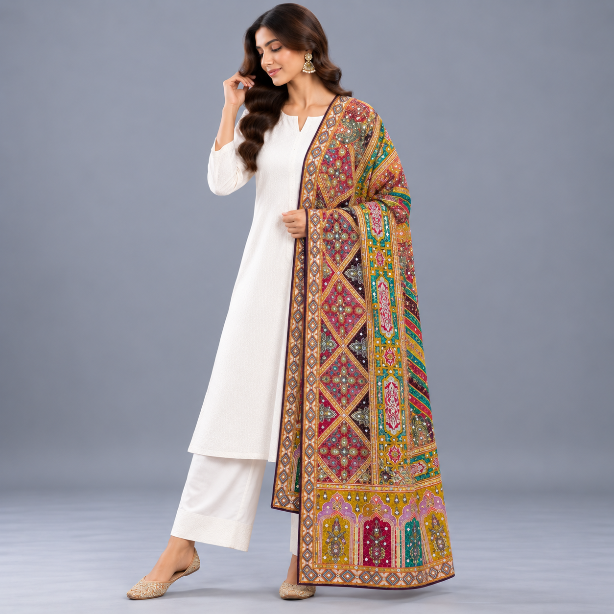 Printed Mirror Work Dupatta - Teal Green, Magenta, Maroon, Mustard Yellow, Purple & Gold - Image 3