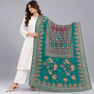 Printed Mirror Work Dupatta - Rich Teal Green