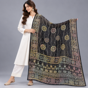 Printed Mirror Work Dupatta - Black