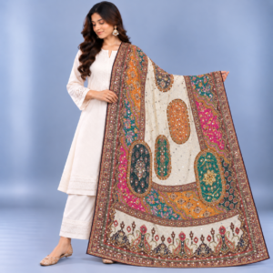 Printed Mirror Work Dupatta - Ivory / Off-White with Multicolour