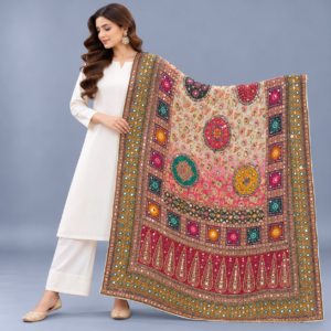 Printed Mirror Work Dupatta - Multicolour - Predominantly Cream/Ivory and Pink